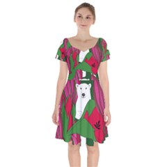 Animals White Bear Flower Floral Red Green Short Sleeve Bardot Dress by Mariart