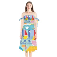 Boats Ship Sea Beach Shoulder Tie Bardot Midi Dress