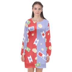 Glasses Red Blue Green Cloud Line Cart Long Sleeve Chiffon Shift Dress 