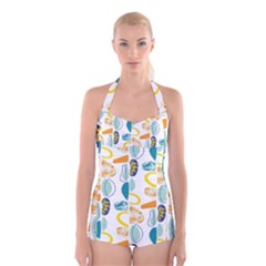 Pebbles Texture Mid Century Boyleg Halter Swimsuit  by Mariart