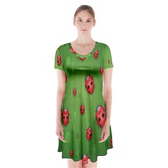 Ladybugs Red Leaf Green Polka Animals Insect Short Sleeve V-neck Flare Dress by Mariart