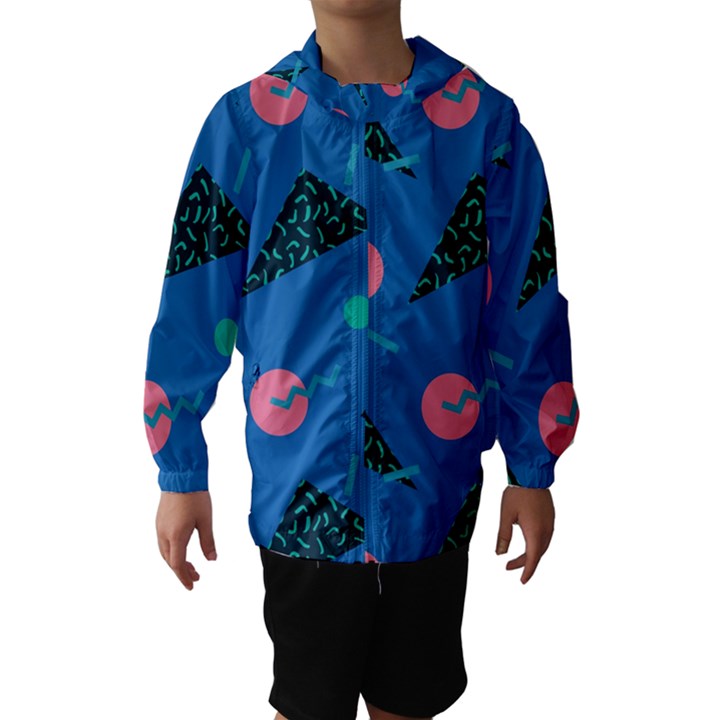 Seamless Triangle Circle Blue Waves Pink Hooded Wind Breaker (Kids)