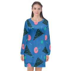 Seamless Triangle Circle Blue Waves Pink Long Sleeve Chiffon Shift Dress  by Mariart