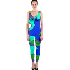 Visual Face Blue Orange Green Mask Onepiece Catsuit by Mariart