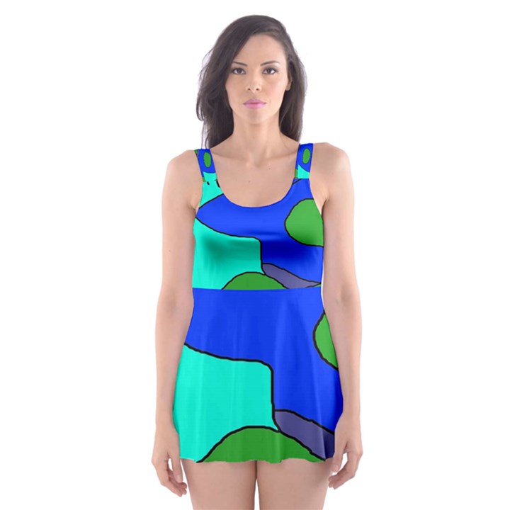 Visual Face Blue Orange Green Mask Skater Dress Swimsuit