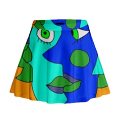 Visual Face Blue Orange Green Mask Mini Flare Skirt