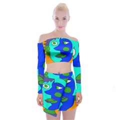 Visual Face Blue Orange Green Mask Off Shoulder Top With Skirt Set by Mariart