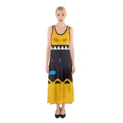 Bright Polka Wave Chevron Yellow Black Sleeveless Maxi Dress by Mariart