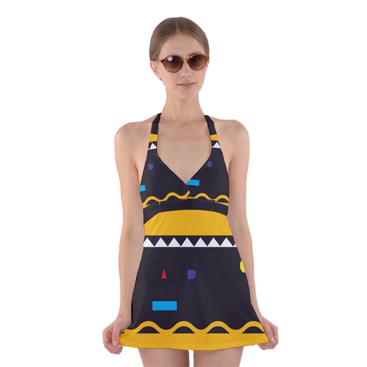 Bright Polka Wave Chevron Yellow Black Halter Swimsuit Dress