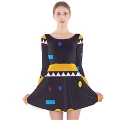 Bright Polka Wave Chevron Yellow Black Long Sleeve Velvet Skater Dress by Mariart