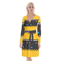 Bright Polka Wave Chevron Yellow Black Long Sleeve Velvet Front Wrap Dress by Mariart