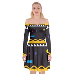 Bright Polka Wave Chevron Yellow Black Off Shoulder Skater Dress by Mariart