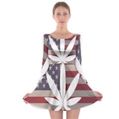 Flag American Star Blue Line White Red Marijuana Leaf Long Sleeve Skater Dress by Mariart