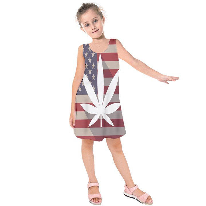 Flag American Star Blue Line White Red Marijuana Leaf Kids  Sleeveless Dress