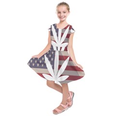 Flag American Star Blue Line White Red Marijuana Leaf Kids  Short Sleeve Dress by Mariart