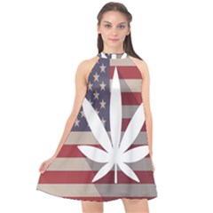 Flag American Star Blue Line White Red Marijuana Leaf Halter Neckline Chiffon Dress  by Mariart