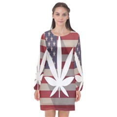 Flag American Star Blue Line White Red Marijuana Leaf Long Sleeve Chiffon Shift Dress  by Mariart