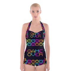 Game Face Mask Sign Boyleg Halter Swimsuit  by Mariart