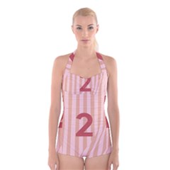 Number 2 Line Vertical Red Pink Wave Chevron Boyleg Halter Swimsuit  by Mariart