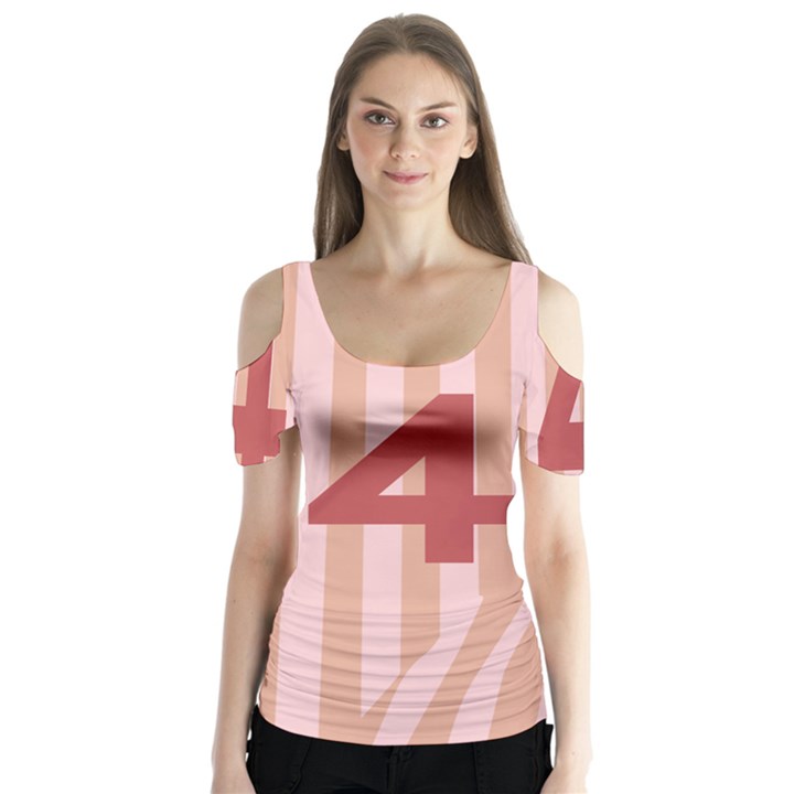 Number 4 Line Vertical Red Pink Wave Chevron Butterfly Sleeve Cutout Tee 