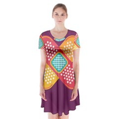 Plaster Scratch Sore Polka Line Purple Yellow Short Sleeve V-neck Flare Dress by Mariart