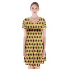 Points Cells Paint Texture Plaid Triangle Polka Short Sleeve V-neck Flare Dress