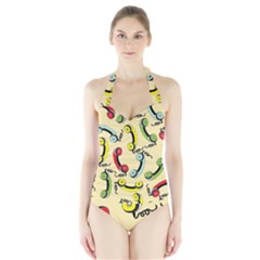 Telephone Cable Green Nyellow Red Blue Halter Swimsuit