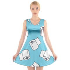 Roller Tissue White Blue Restroom V-neck Sleeveless Skater Dress by Mariart