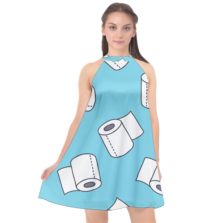 Roller Tissue White Blue Restroom Halter Neckline Chiffon Dress 