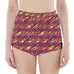 Linje Chevron Blue Yellow Brown High-waisted Bikini Bottoms by Mariart