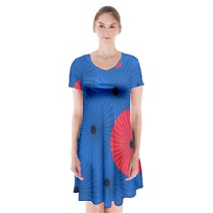 Pink Umbrella Red Blue Short Sleeve V-neck Flare Dress