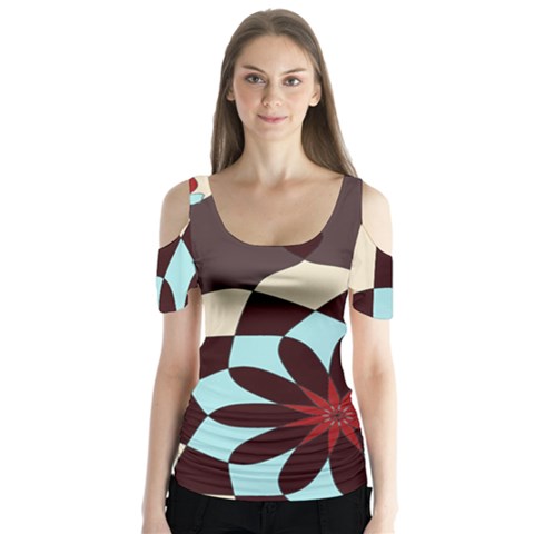 Red And Black Flower Pattern Butterfly Sleeve Cutout Tee  by digitaldivadesigns