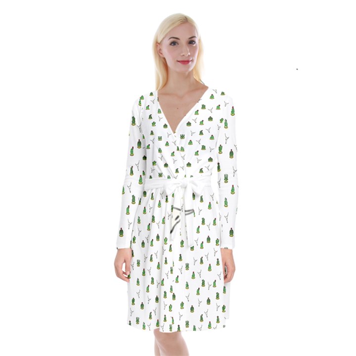 Cactus pattern Long Sleeve Velvet Front Wrap Dress