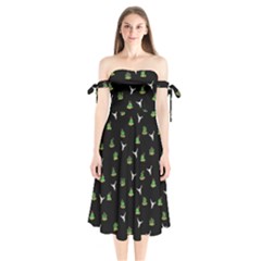 Cactus Pattern Shoulder Tie Bardot Midi Dress