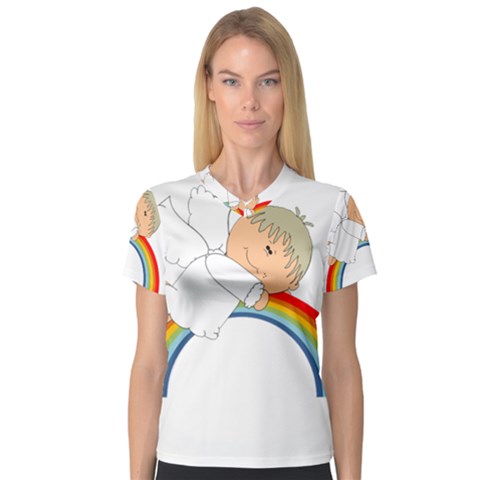 Angel Rainbow Cute Cartoon Angelic Women s V-neck Sport Mesh Tee by Nexatart