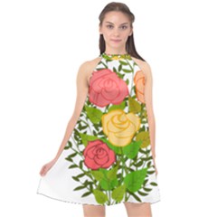 Roses Flowers Floral Flowery Halter Neckline Chiffon Dress 