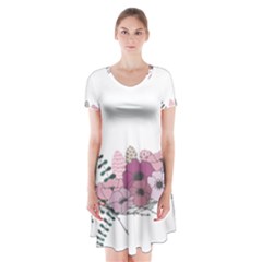 Flowers Twig Corolla Wreath Lease Short Sleeve V-neck Flare Dress by Nexatart