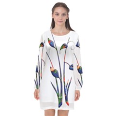 Flora Abstract Scrolls Batik Design Long Sleeve Chiffon Shift Dress 