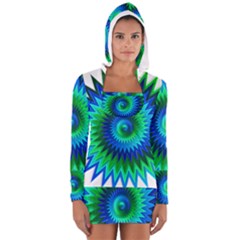 Star 3d Gradient Blue Green Women s Long Sleeve Hooded T-shirt by Nexatart