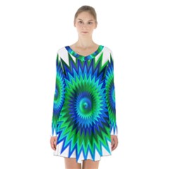 Star 3d Gradient Blue Green Long Sleeve Velvet V-neck Dress by Nexatart