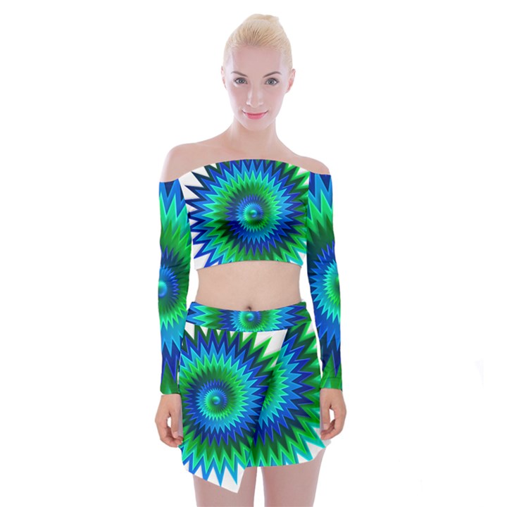 Star 3d Gradient Blue Green Off Shoulder Top with Skirt Set