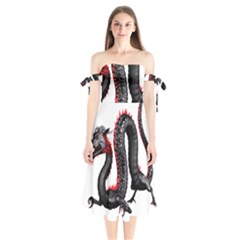 Dragon Black Red China Asian 3d Shoulder Tie Bardot Midi Dress