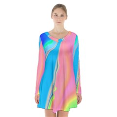 Aurora Color Rainbow Space Blue Sky Purple Yellow Green Pink Long Sleeve Velvet V-neck Dress by Mariart