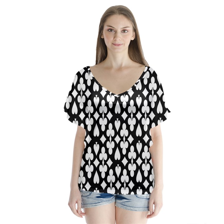 Dark Horse Playing Card Black White Flutter Sleeve Top