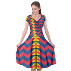 Lllustration Geometric Red Blue Yellow Chevron Wave Line Cap Sleeve Wrap Front Dress by Mariart