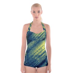 Polygon Dark Triangle Green Blacj Yellow Boyleg Halter Swimsuit  by Mariart