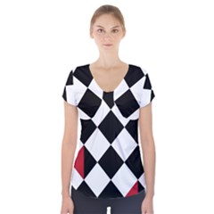 Survace Floor Plaid Bleck Red White Short Sleeve Front Detail Top