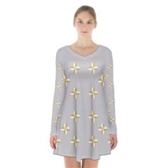 Syrface Flower Floral Gold White Space Star Long Sleeve Velvet V-neck Dress by Mariart