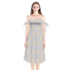 Syrface Flower Floral Gold White Space Star Shoulder Tie Bardot Midi Dress by Mariart