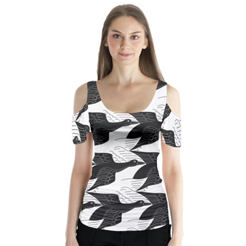 Swan Black Animals Fly Butterfly Sleeve Cutout Tee  by Mariart